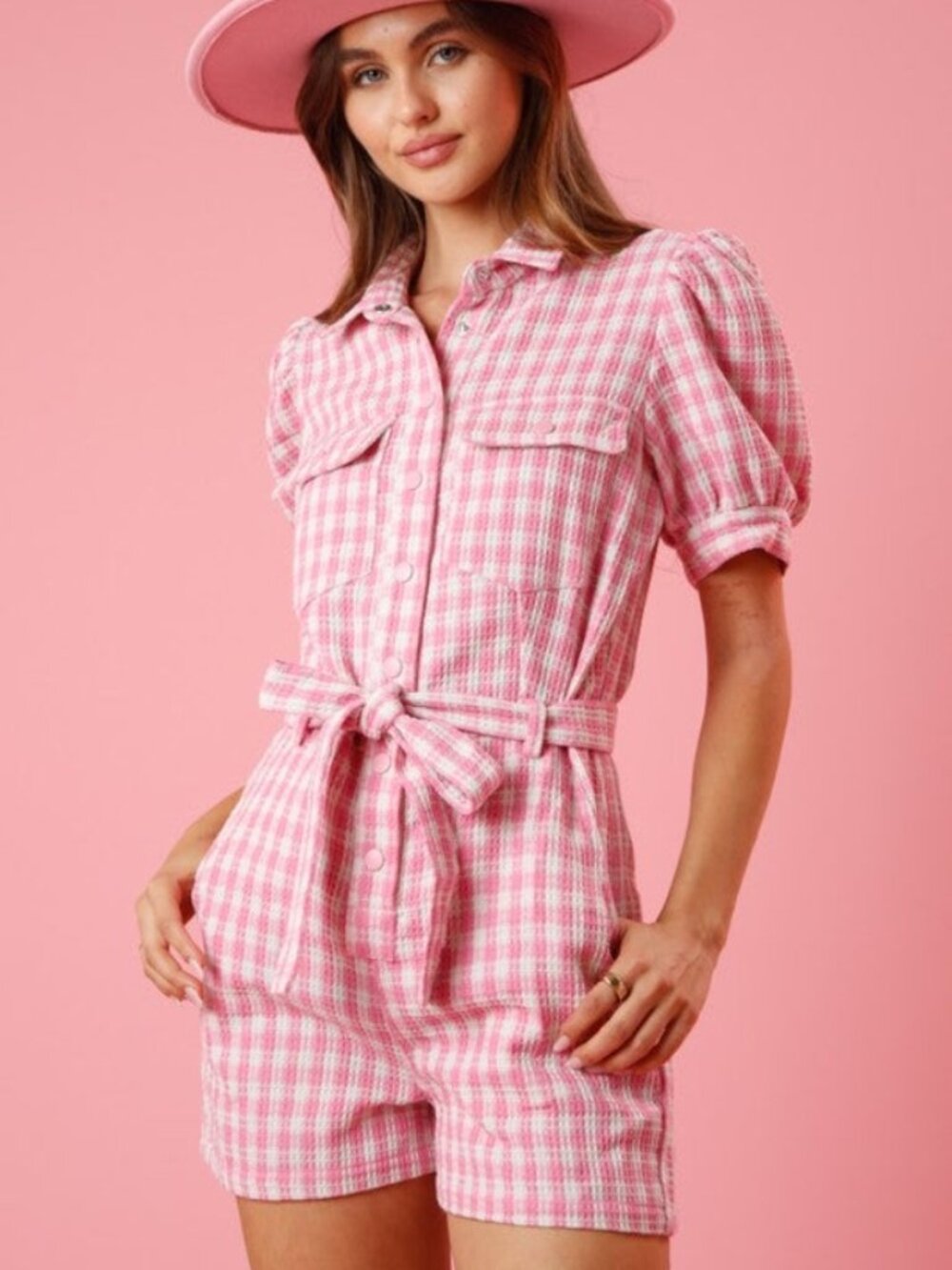 Peach Love California  Pink and White Gingham Romper with Bow Belt NWT
